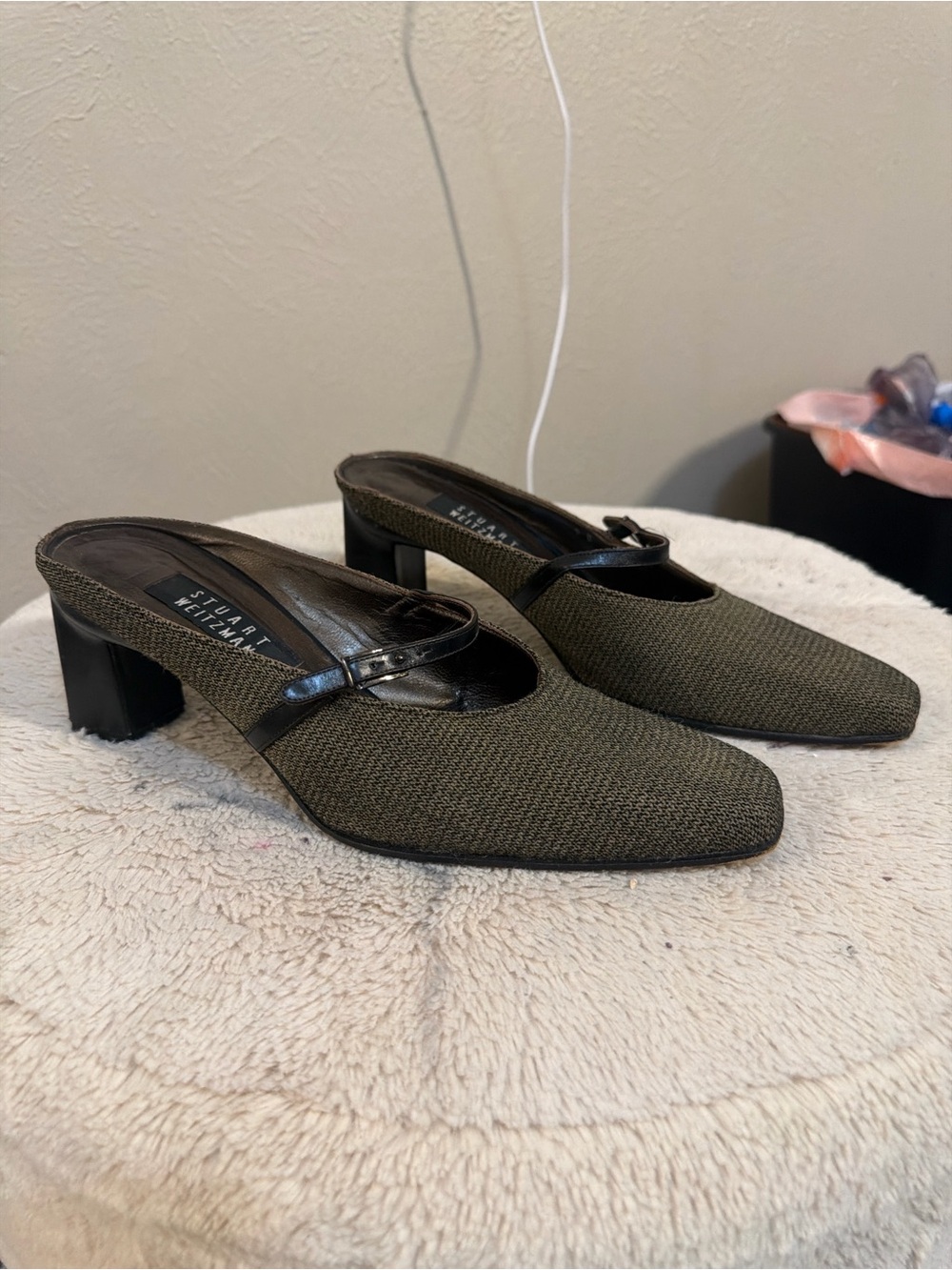 Stuart Weitzman Olive Textured Mary Jane Block Heel Mules